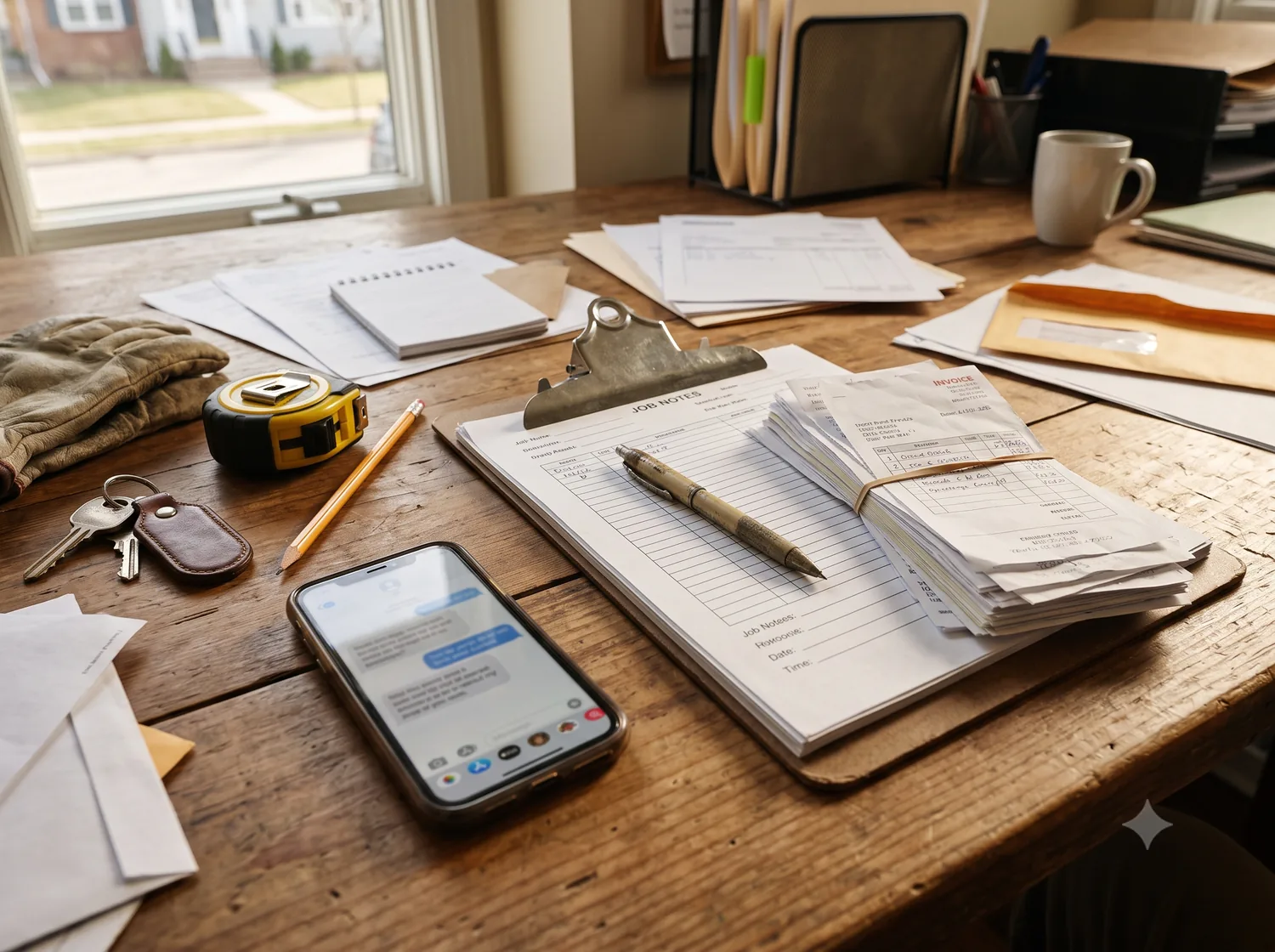 Organized office documents, job notes, invoices, and contractor paperwork on a wooden desk.