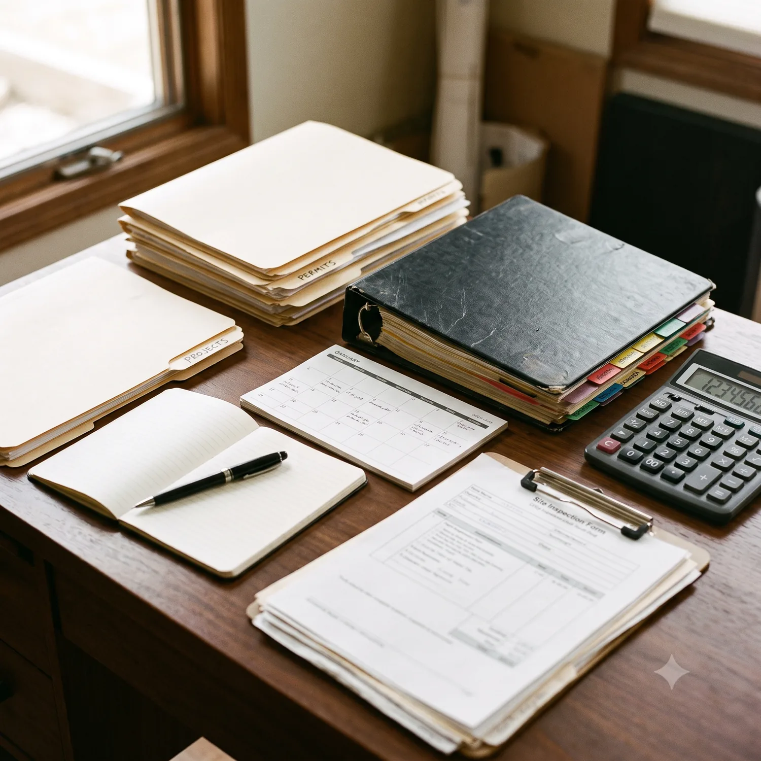 Contractor paperwork, permits, folders, a calendar, and a calculator on a desk.