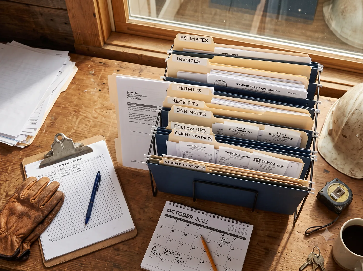 Contractor paperwork sorted into labeled folders for estimates, invoices, permits, receipts, and job notes.