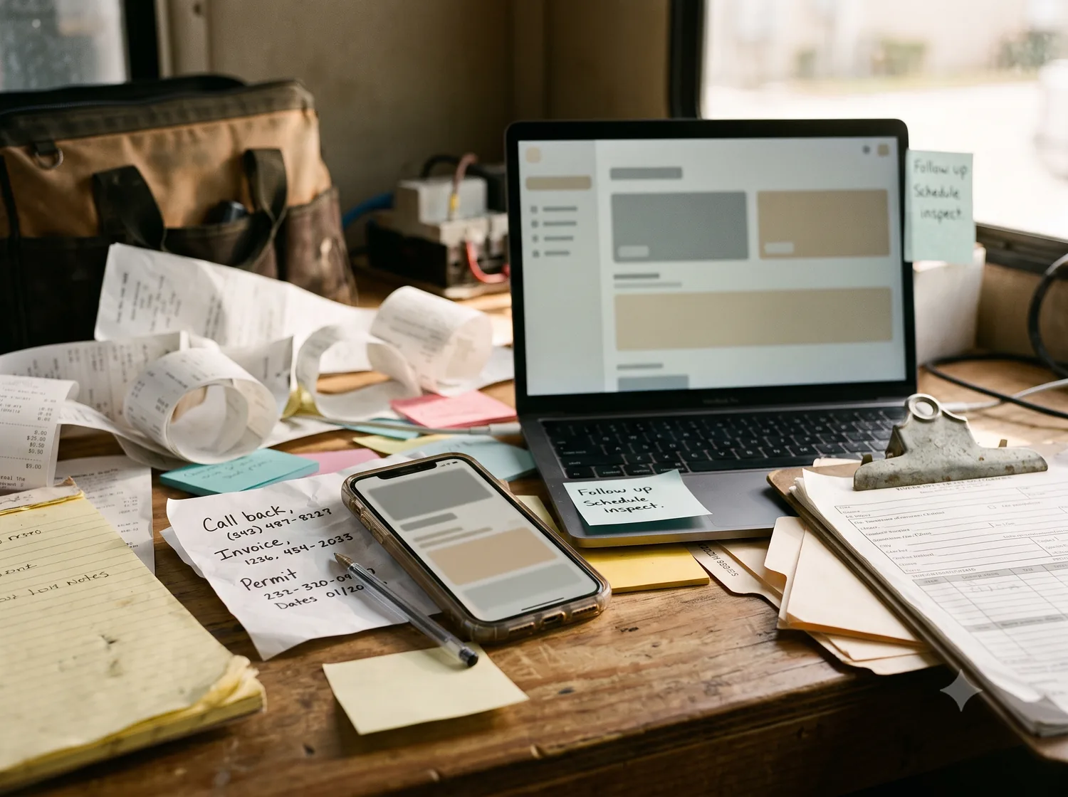 Receipts, sticky notes, a phone, and a laptop spread across a contractor's desk.