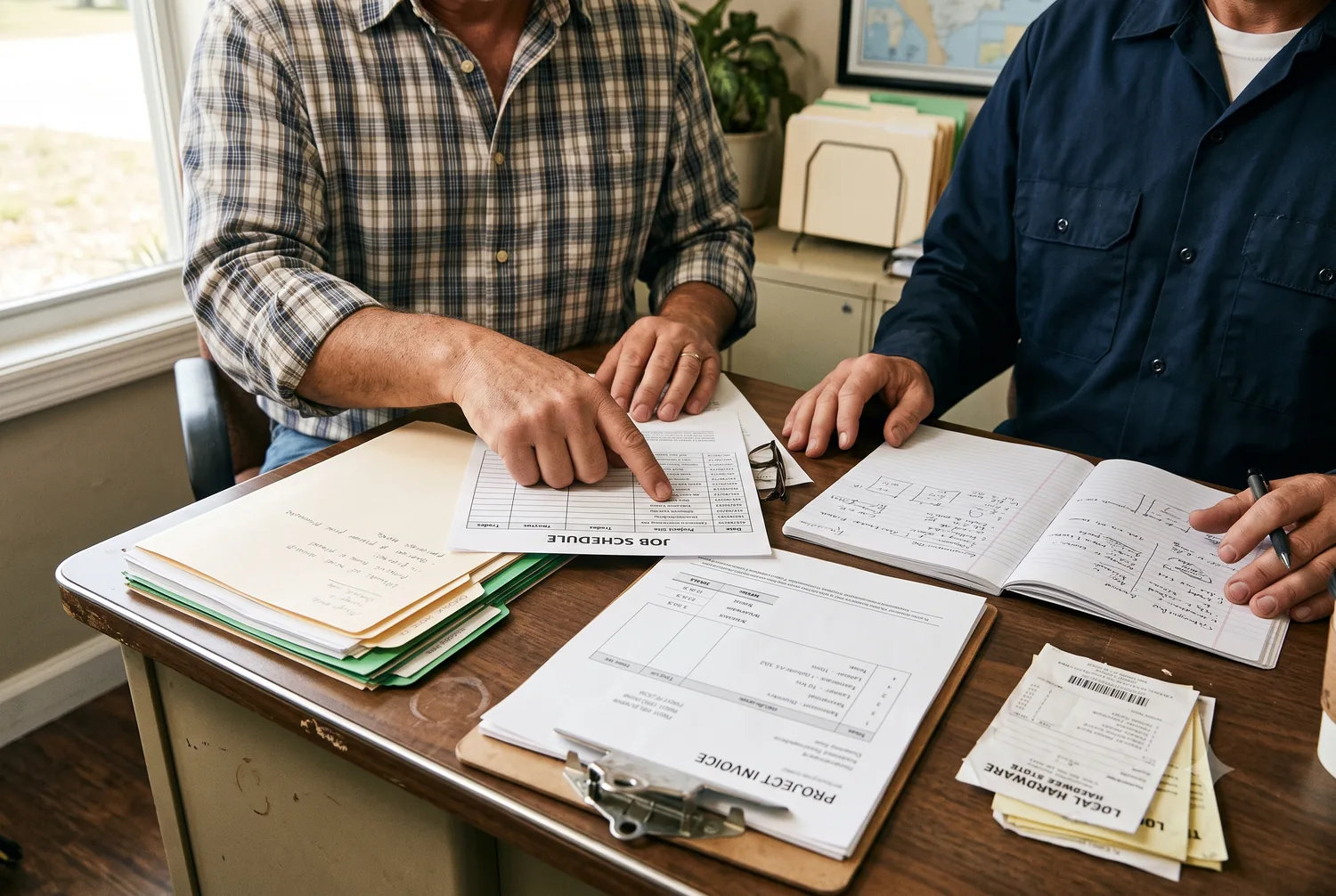 Two people reviewing a job schedule and paperwork together at a desk.